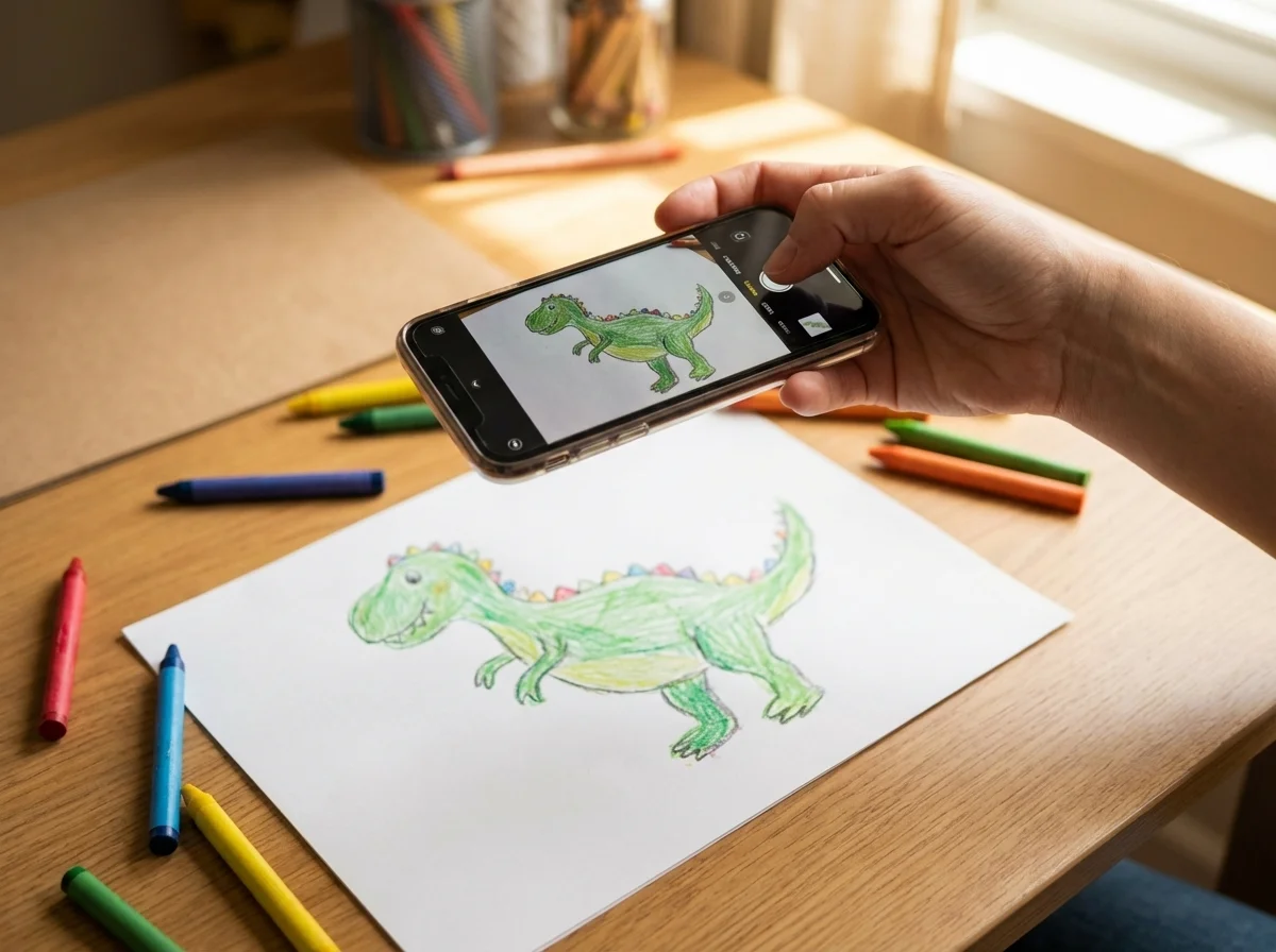 Phone photographing a child's drawing on white paper