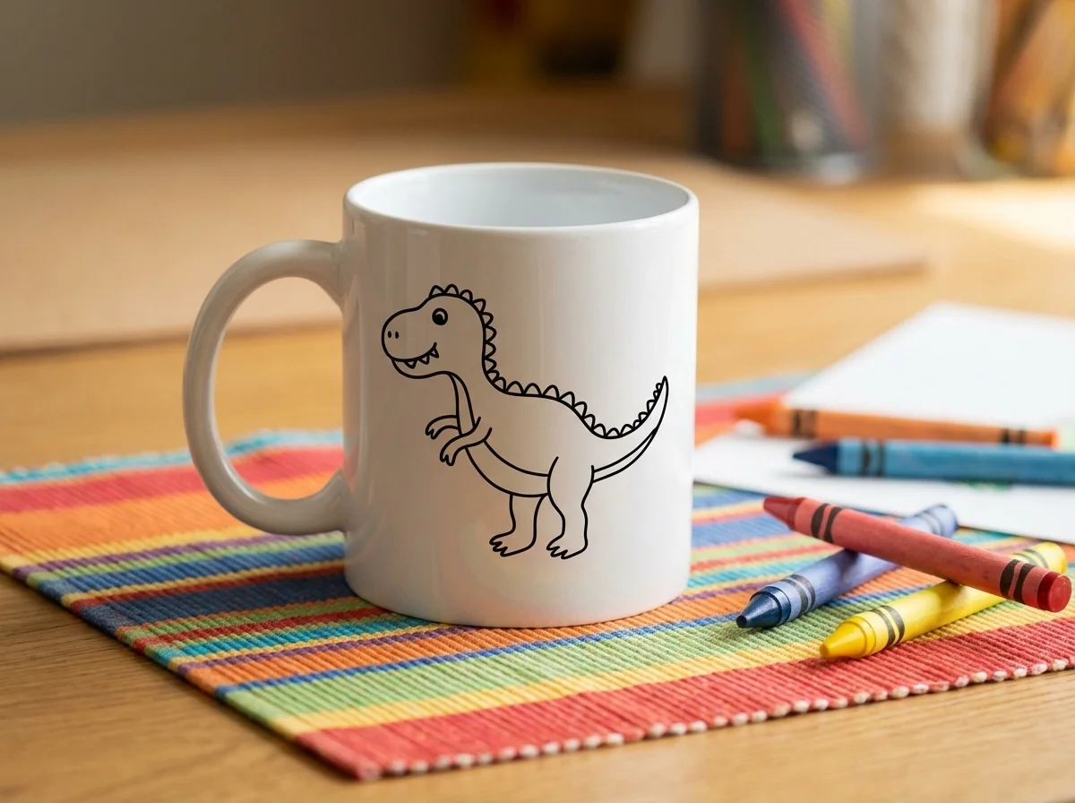 A child's drawing converted to a vinyl decal on a ceramic mug