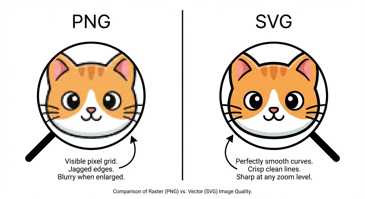 Side-by-side comparison: PNG zoomed in showing pixels vs SVG zoomed in showing smooth lines