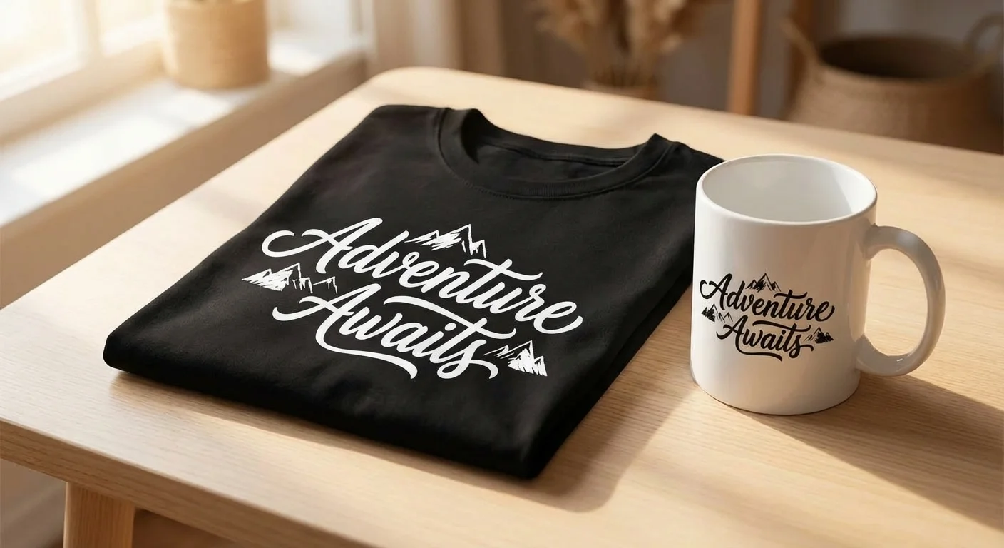 A text SVG design mockup on a t-shirt and mug
