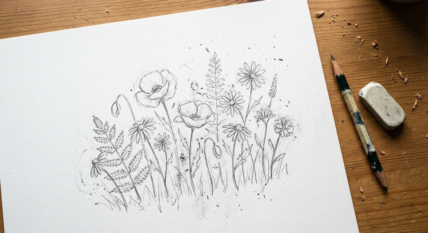 Hand-drawn pencil sketch of wildflowers